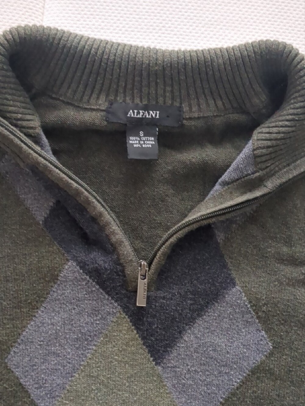 Alfani Olive Argyle Zip-Up Sweater with Gray and Black Diamonds - Picture 2 of 3